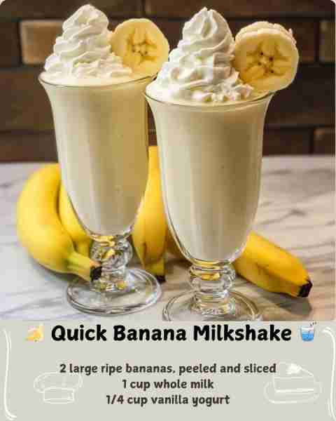 🍌 Quick Banana Milkshake 🥤 Ingredients: 2 large ripe bananas, peeled and sliced 1 cup whole milk (...