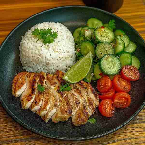 🌿 Zesty Grilled Chicken with Fluffy Rice & Fresh Cucumber Salad 🍋🍚🥗 Prep Time: 15 minutes Cook T...