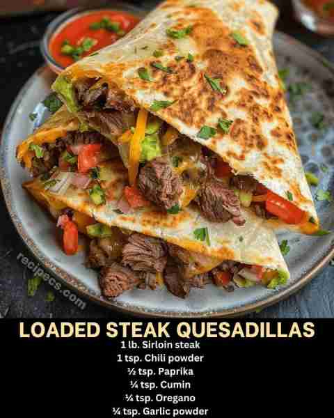 Loaded Steak Quesadillas Ingredients 1 lb. sirloin steak 1 tsp. chili powder ½ tsp. paprika ¼ tsp. c...