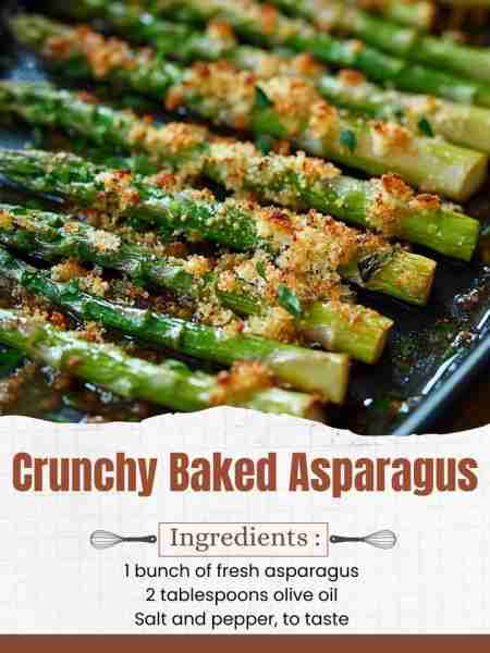 Crunchy Baked Asparagus Ingredients: 1 bunch of fresh asparagus 2 tablespoons olive oil Salt and pep...