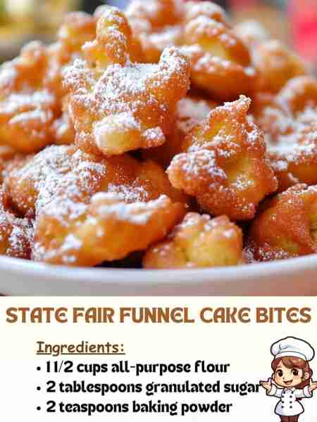 State Fair Funnel Cake Bites Ingredients: 1 1/2 cups all-purpose flour 2 tablespoons granulated suga...