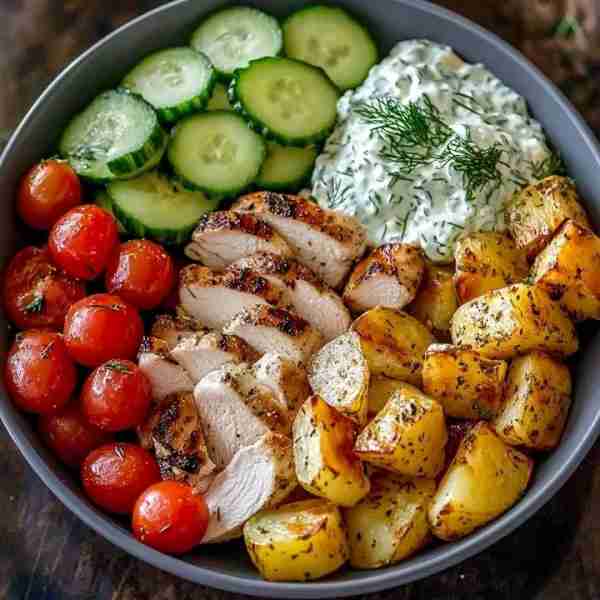 Mediterranean Chicken Bowl with Roasted Potatoes & Tzatziki 🍗🥔🥒 Prep Time: 15 minutes Cook Time:...