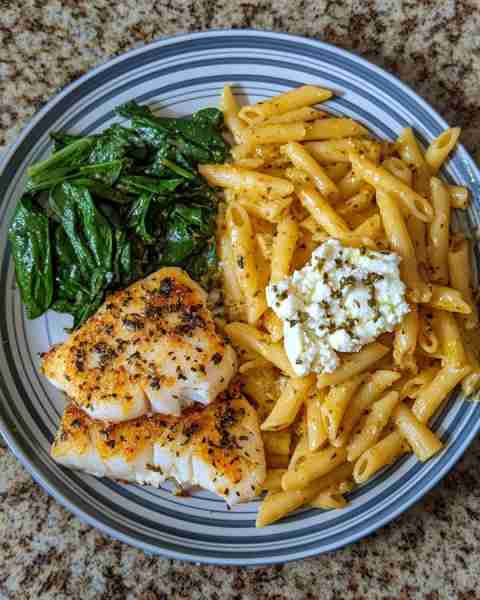 Mediterranean Herb Cod with Olive Feta Penne Herb-Crusted Cod with Mediterranean Olive and Feta Penn...