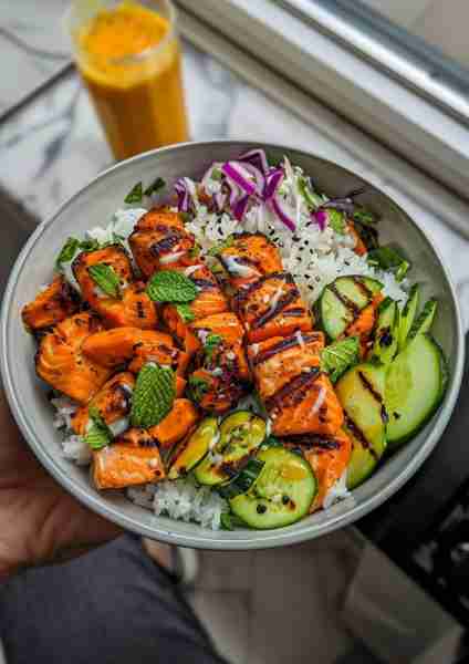 🐟🥥 Fresh, light, and packed with tropical flavor—this Grilled Salmon Bites Bowl is sunshine in eve...