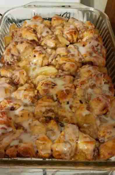 OMG.... 2 cans of Cinnamon rolls quartered, 1 can apple pie filling, 1/2 cup chopped walnuts or peca...
