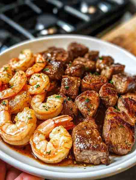 Garlic Butter Steak & Shrimp Bites 🍤🥩 Tender, juicy, and drenched in rich buttery flavor! 📝 Ingre...