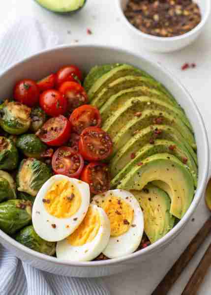 Avocado Egg Bowl Ingredients: 2 hard-boiled eggs, halved 1 ripe avocado, sliced A handful of cherry...