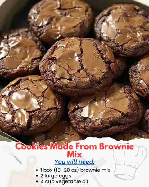 Cookies Made From Brownie Mix 🍪🍫 Ingredients: 1 box (18–20 oz) brownie mix (any brand you love) 2...