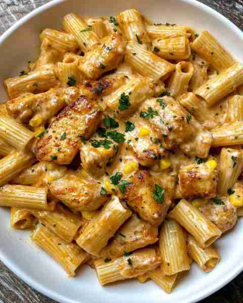 Cajun Chicken with Creamy Corn Rigatoni Spicy Cajun-Spiced Chicken Breast with Velvety Sweet Corn Ri...