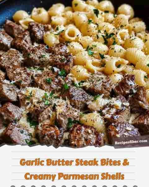 Garlic Butter Steak Bites & Creamy Parmesan Shells 🍖🧄🍝🧀🌿 Indulge in this delightful and creamy...