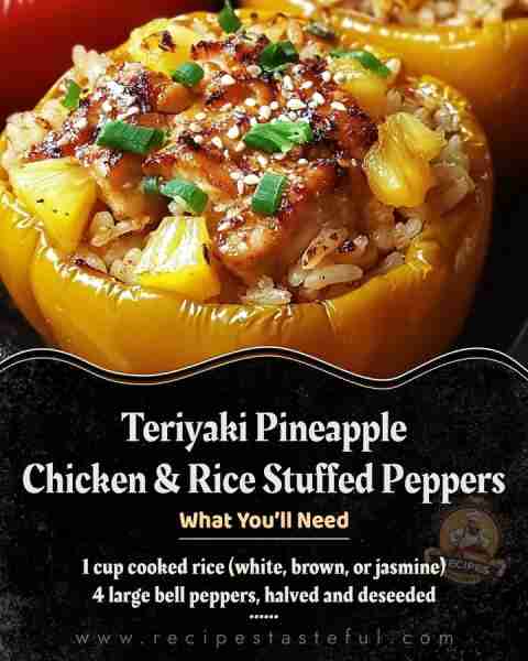 Teriyaki Pineapple Chicken & Rice Stuffed Peppers Key Ingredients 4 large bell peppers, halved and d...