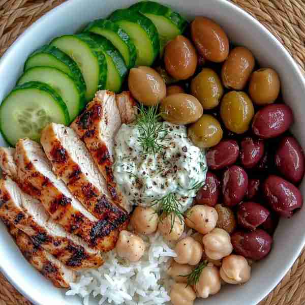 🥙🔥 Mediterranean Chicken Bowl with Tzatziki Prep Time: 15 minutes Cook Time: 15 minutes Servings:...