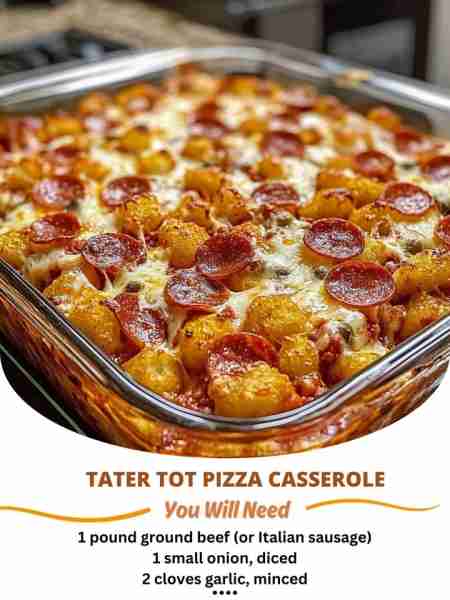 Tater Tot Pizza Casserole Ingredients 1 pound ground beef (or Italian sausage) 1 small onion, diced...
