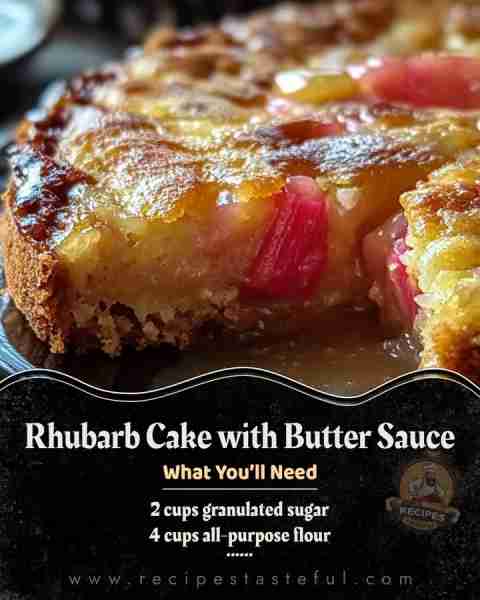 Rhubarb Cake with Butter Sauce : Ingredients: • 4 cups all-purpose flour • 2 cups granulated sugar •...