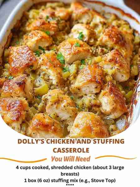 🍗🥘 Dolly’s Chicken and Stuffing Casserole 🥘🍗 Ingredients: 4 cups cooked, shredded chicken (about...