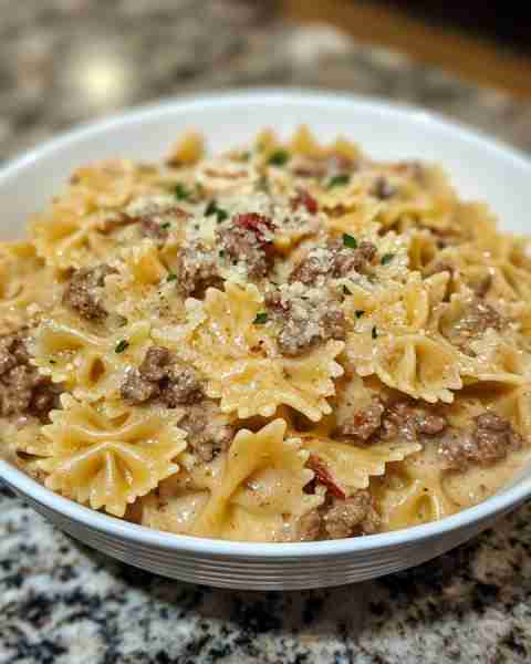 One-Pot Creamy Parmesan Garlic Beef Bowtie Pasta Ingredients: 1 lb ground beef 12 oz bowtie pasta (f...
