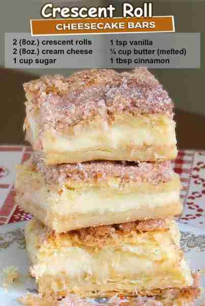 EASY SOPAPILLA CHEESECAKE BARS Ingredients 2 (8oz.) packs of Pillsbury crescent rolls 2 (8oz.) packs...