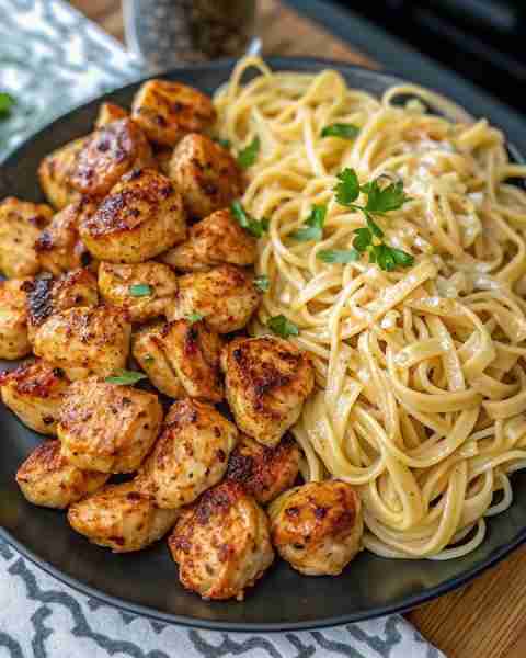 Golden Garlic Chicken with Velvety creamy Parmesan Linguine Ingredients: For the Chicken: 1 lb bonel...