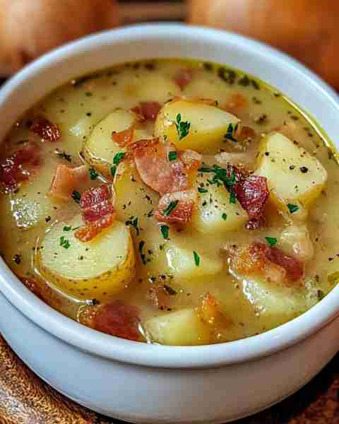 Old-Fashioned Potato & Bacon Soup Ingredients: - 6 slices bacon, chopped - 1 large onion, dice...