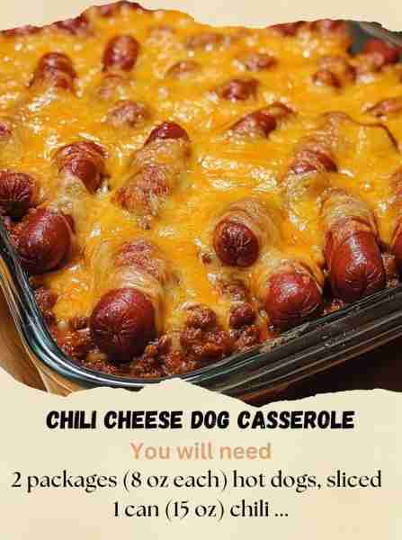 Chili Cheese Dog Casserole Ingredients: 2 packages (8 oz each) hot dogs, sliced 1 can (15 oz) chil...