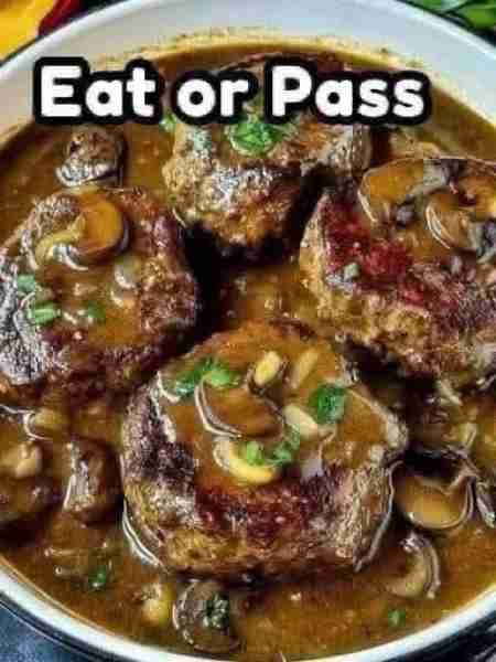Salisbury Steak with Mushroom Gravy Ingredients: 1 lb ground beef 1/2 cup breadcrumbs 1 egg 1/4 cup...