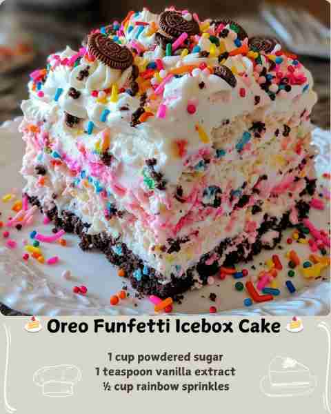 🍰 Oreo Funfetti Icebox Cake 🍰 Ingredients: 1 package (16 ounces) Oreo cookies (about 36 cookies) 2...