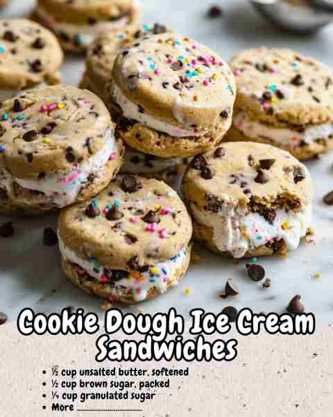 Cookie Dough Ice Cream Sandwiches – Chewy, Creamy & The Ultimate Frozen Treat! Ingredients (Makes 6–...