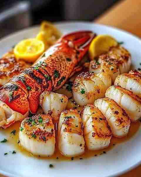 Garlic Butter Lobster & Seared Scallops 🦞🦪✨ Ingredients: - 2 lobster tails, thawed and shells rem...