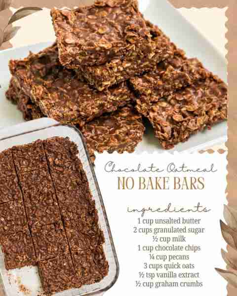 No Bake Chocolate Oatmeal Cookie Bars! Check the comments for full recipe Ingredients ½ cup of milk...