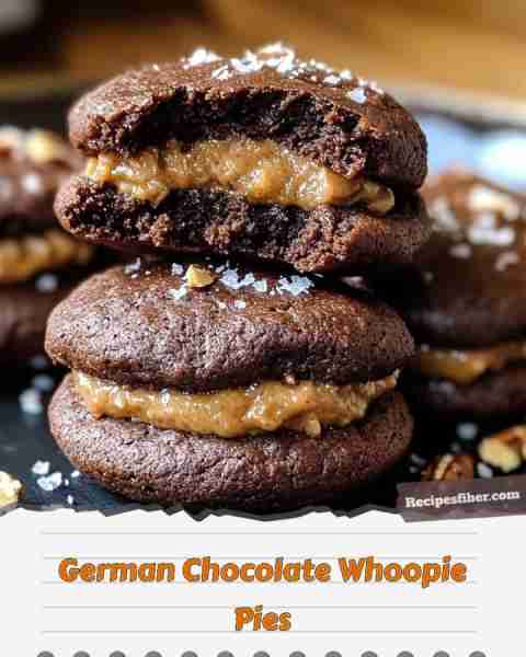 German Chocolate Whoopie Pies 🍪 Indulge in these fudgy treats filled with coconut-pecan goodness!...