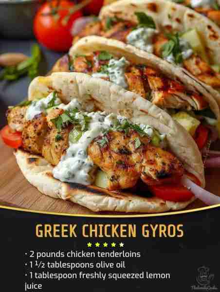 Greek Chicken Gyros with Homemade Tzatziki Ingredients: • 2 pounds chicken tenderloins • 1 ½ tablesp...