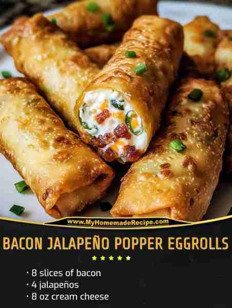 Bacon Jalapeño Popper Eggrolls Ingredients: - 8 slices of bacon, cooked and crumbled - 4 jalapeños,...