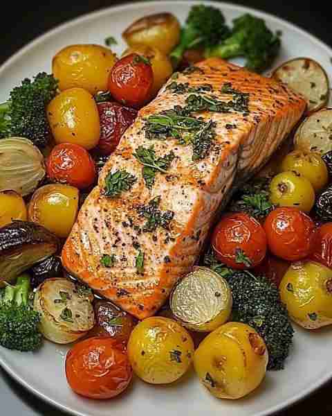 Herb-Roasted Salmon with Veggies 🐟🥦 Ingredients: - 1 cup cherry tomatoes - 2 tablespoons olive o...