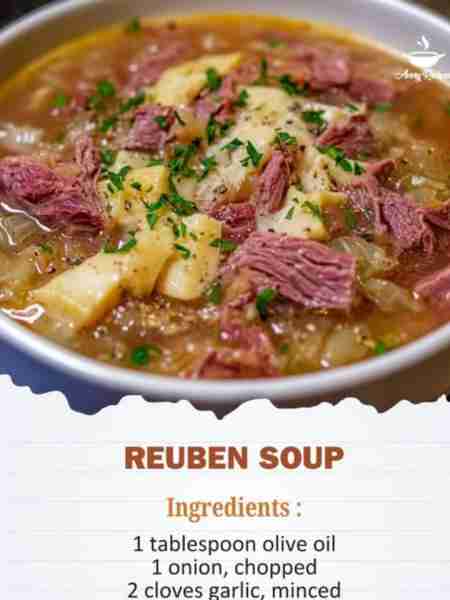 Creamy Reuben Soup Ingredients: - 1 tablespoon olive oil - 1 medium onion, diced - 2 cloves garlic,...