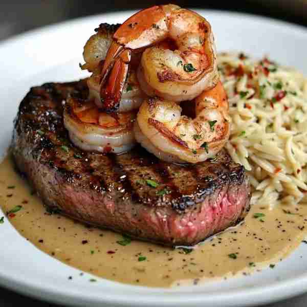 Surf and Turf with Creamy Orzo 🍤🥩 Treat yourself to a luxurious combo of grilled steak, succulent...