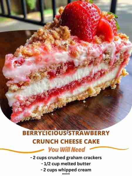 Berrylicious Strawberry Crunch Cheese Cake Ingredients: - 2 cups crushed graham crackers - 1/2 cup m...