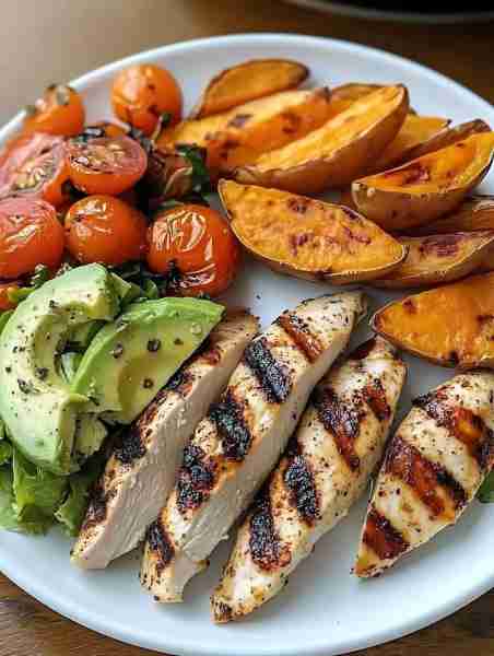 Grilled Chicken with Roasted Veggies & Avocado Salad A balanced, flavorful meal that’s both nutritio...