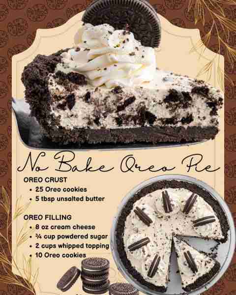 NO BAKE OREO CREAM PIE! 25 Oreo cookies 5 tbsp unsalted butter 8 oz cream cheese ¾ cup powdered suga...