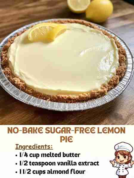 No-Bake Sugar-Free Lemon Pie Ingredients: 1/4 cup melted butter 1/2 teaspoon vanilla extract 1 1/2...