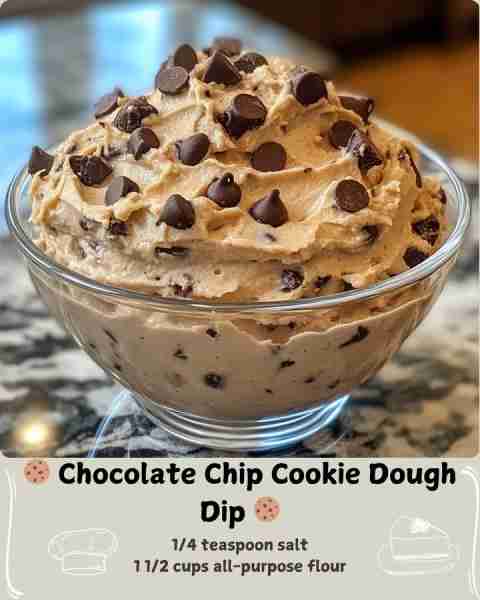 🍪 Chocolate Chip Cookie Dough Dip 🍪 Ingredients: 1 cup unsalted butter, softened 2 cups powdered s...