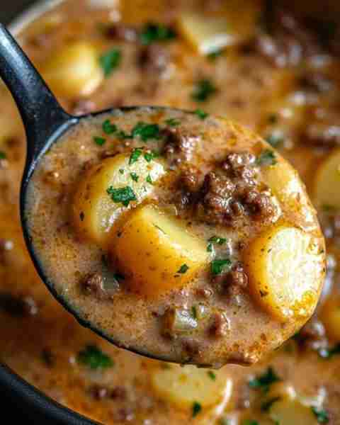 Cheesy Beef and Potato Soup 🧀🥔🍲 Ingredients: 1 lb ground beef 1 tablespoon olive oil 1 small onio...