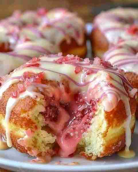 🤍🍩🍓 White Chocolate Strawberry Cream Donuts Ingredients: 2 cups all-purpose flour 1/4 cup granula...