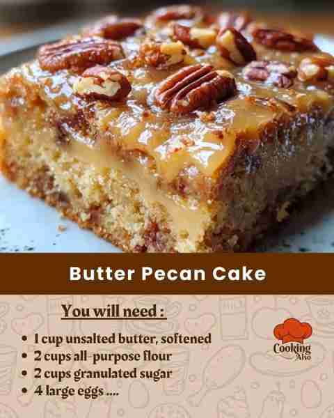 Butter Pecan Cake Decadent Butter Pecan Cake with Toasted Pecans Ingredients: 1 cup unsalted butter,...