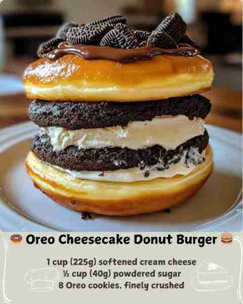 🍩 Oreo Cheesecake Donut Burger 🍔 Ingredients For the Cheesecake Filling: 1 cup (225g) softened cre...
