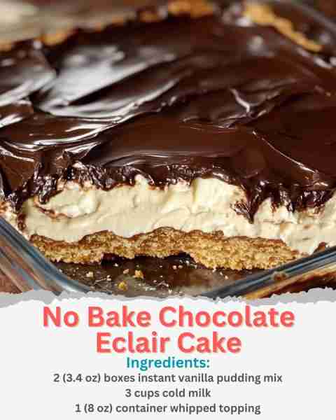 No Bake Chocolate Eclair Cake Ingredients: 2 (3.4 oz) boxes instant vanilla pudding mix 3 cups cold...