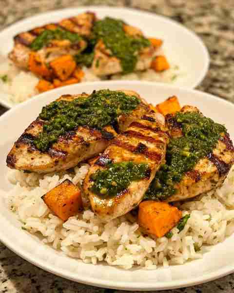 Chimichurri Chicken with Sweet Potato Rice Herb-Infused Chimichurri Chicken atop Golden Sweet Potato...