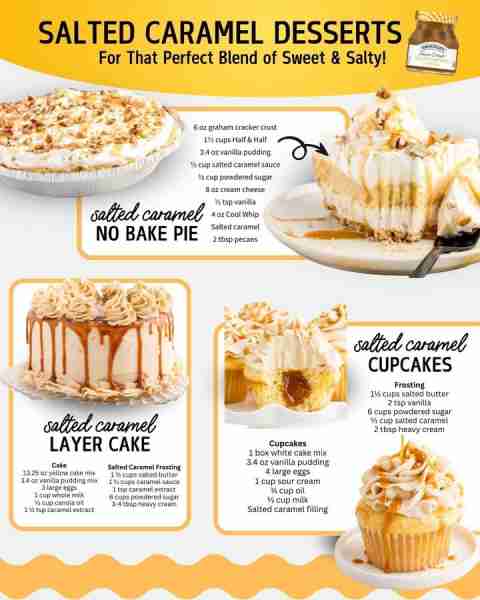 Amazing salted caramel desserts! Check the top comments for the full recipes ~~ pie ingredients: 6 o...