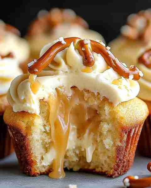 Gooey Salted Caramel Cream Cheese Cupcakes 🥨🧁 Ingredients: 1 ½ cups all-purpose flour 1 tsp baking...