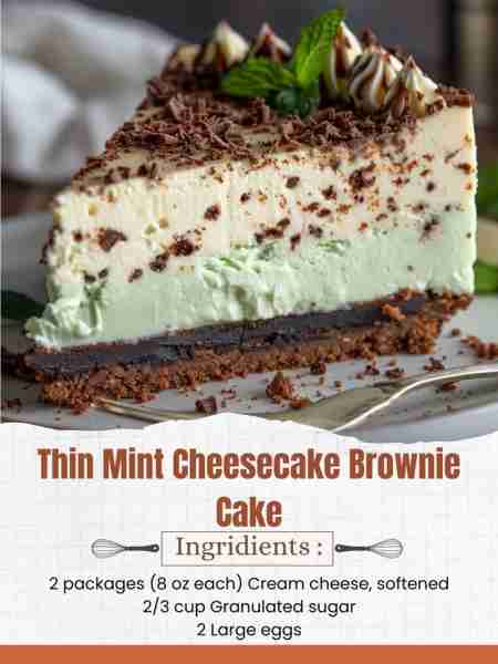 Thin Mint Cheesecake Brownie Cake Ingredients: For the Brownie Layer: 1 box Brownie mix (18-20 oz),...