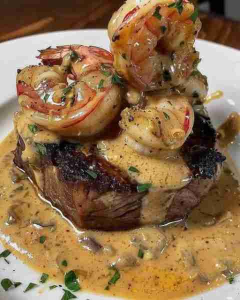Filet Mignon with Shrimp and Lobster Cream Sauce🎉 Ingredients 4 (6-ounce) filet mignon steaks Salt...